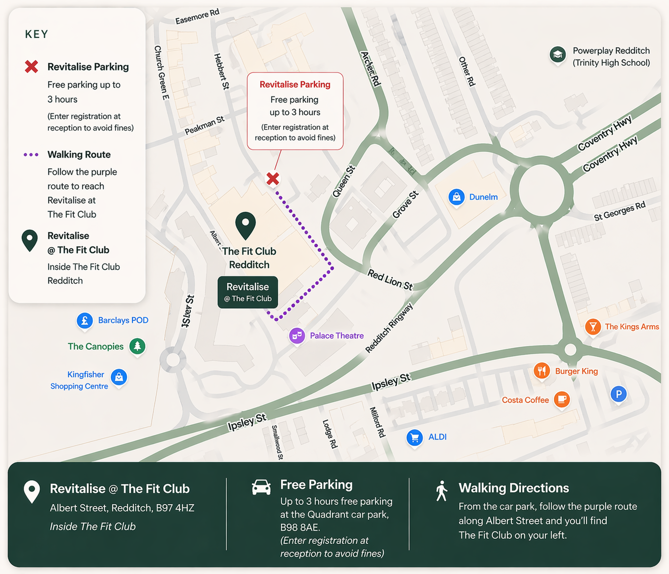 Map showing parking and walking route to Revitalise at The Fit Club